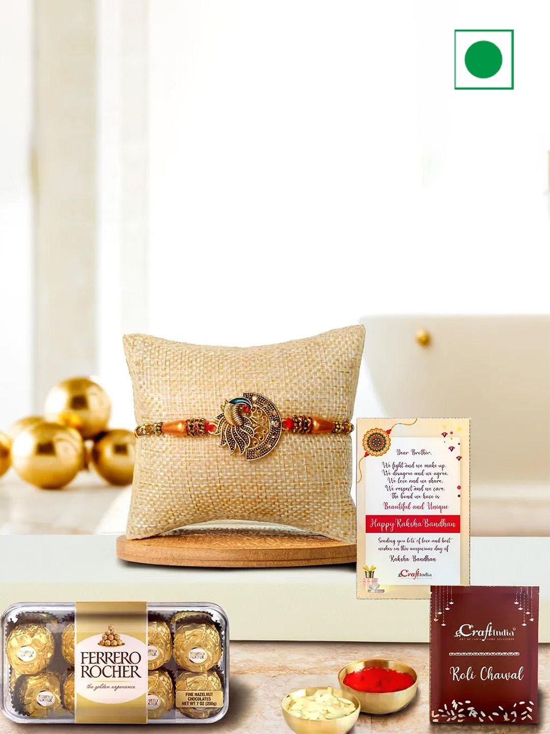 

eCraftIndia Designer Peacock Rakhi With Ferrero Rocher Chocolate Gift Set, Red
