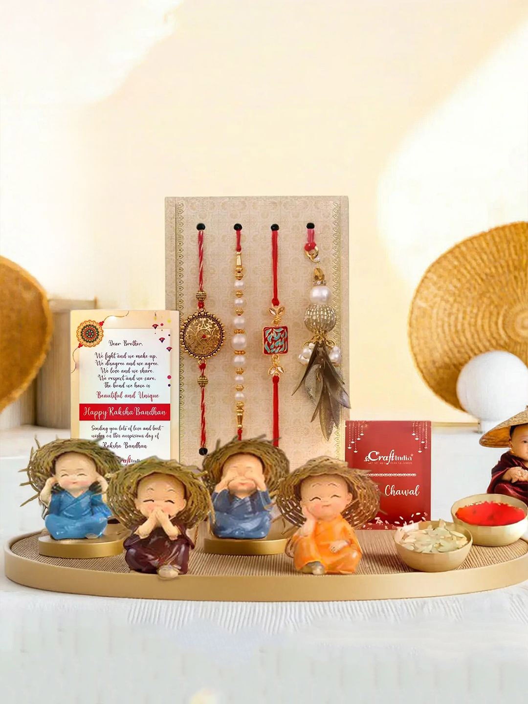 

eCraftIndia Floral Designer Rakhis With Monk Buddha Statue Gift Set, Red