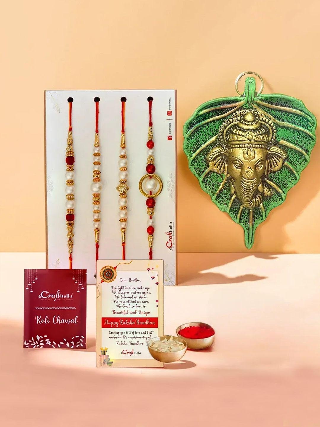 

eCraftIndia Set of 4 Pearls Rakhis With Ganesha Face On Leaf Wall Hanging, Red