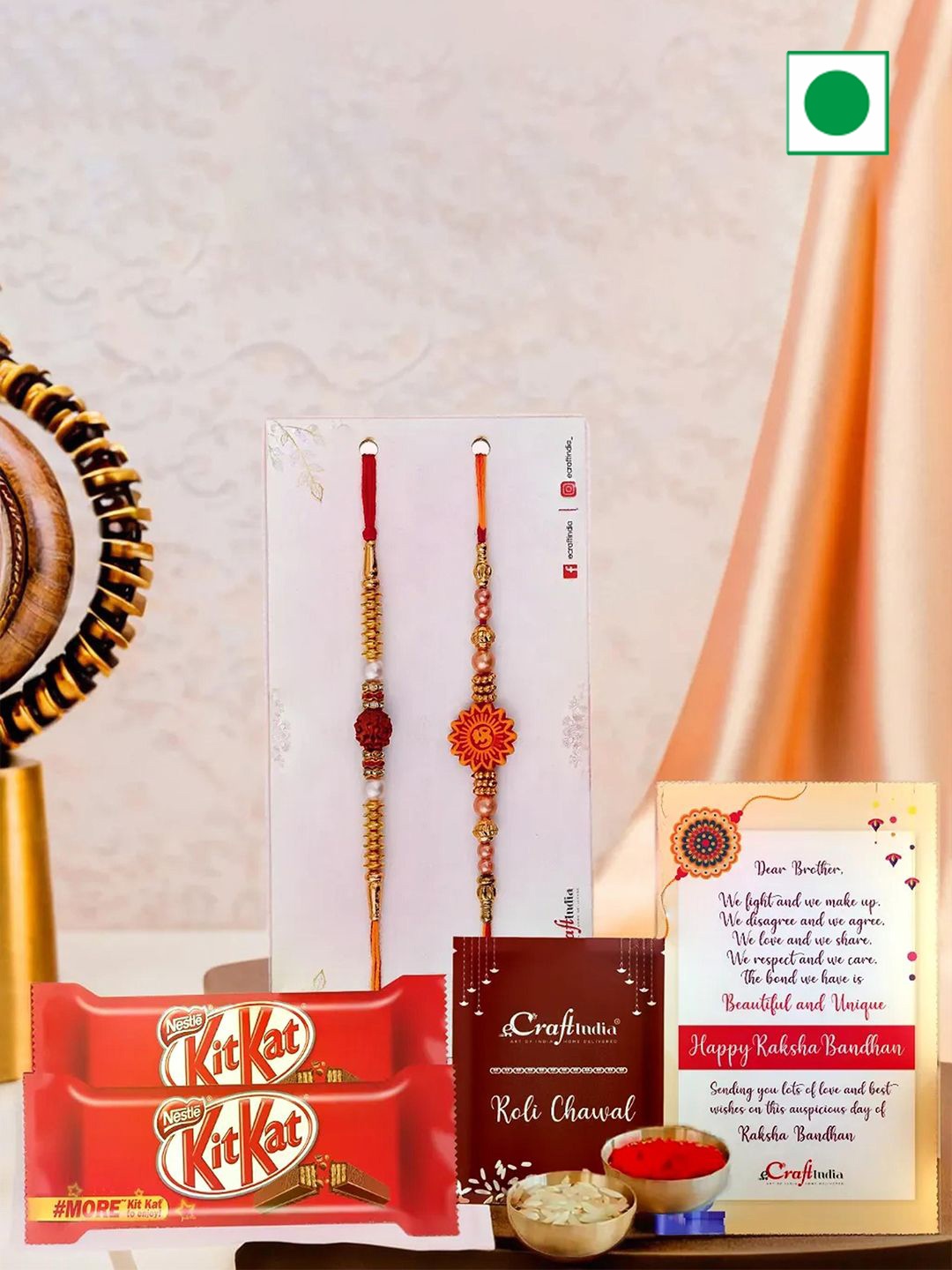 

eCraftIndia Set of 2 Om Rudraksha Rakhi With Kit Kat, Red