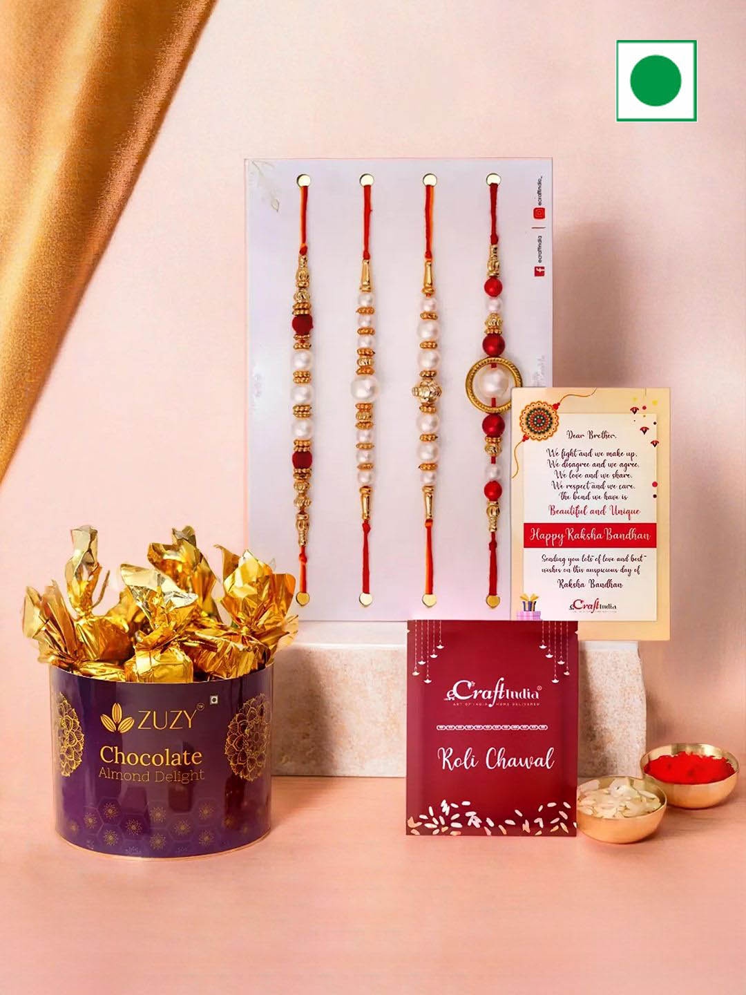 

eCraftIndia Set Of 4 Rakhi With Chocolate Box & Greeting Card with Roli Chawal, Red