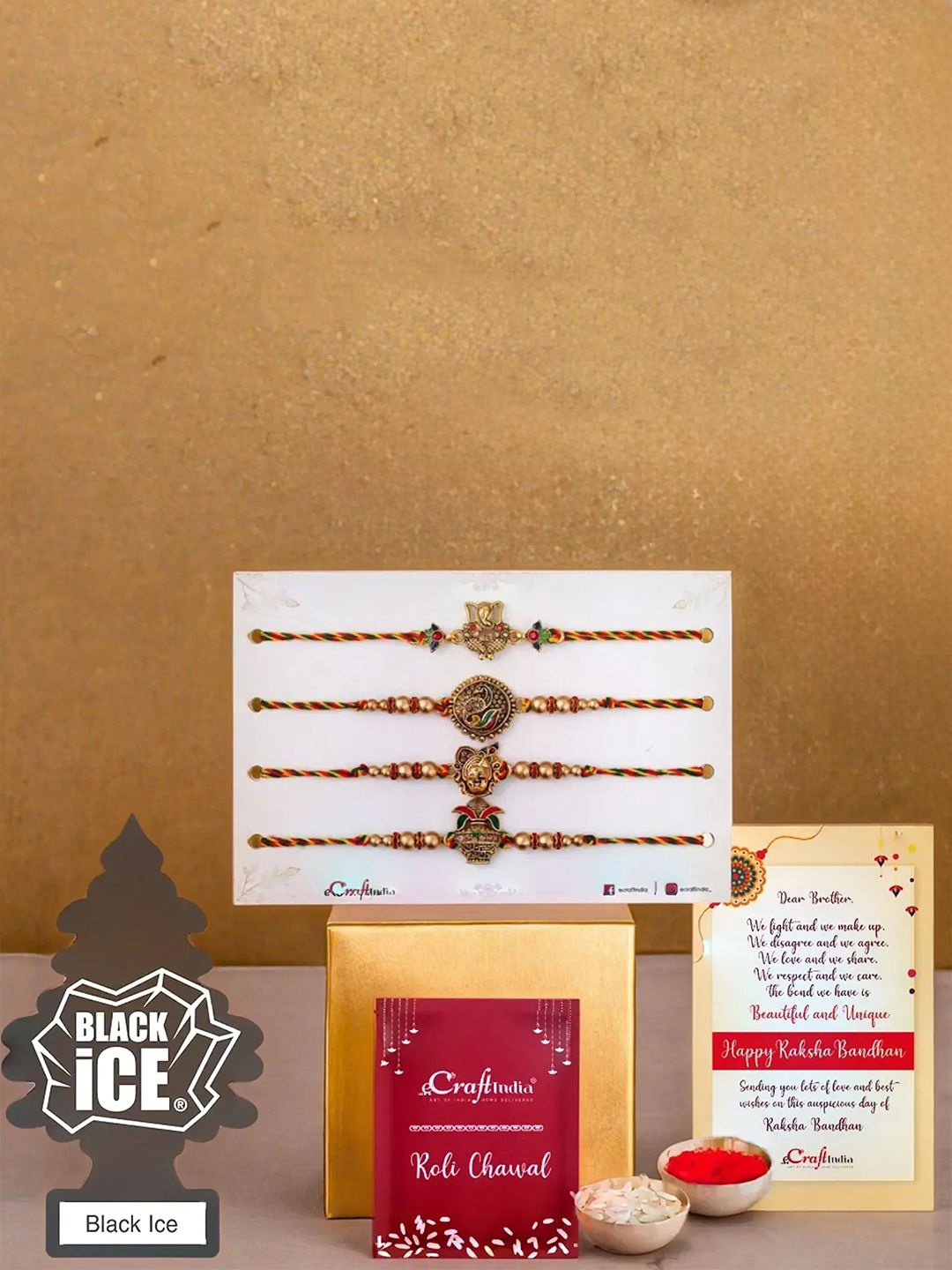 

eCraftIndia Set of 4 Designer Rakhis With Black Ice Air Freshener, Red