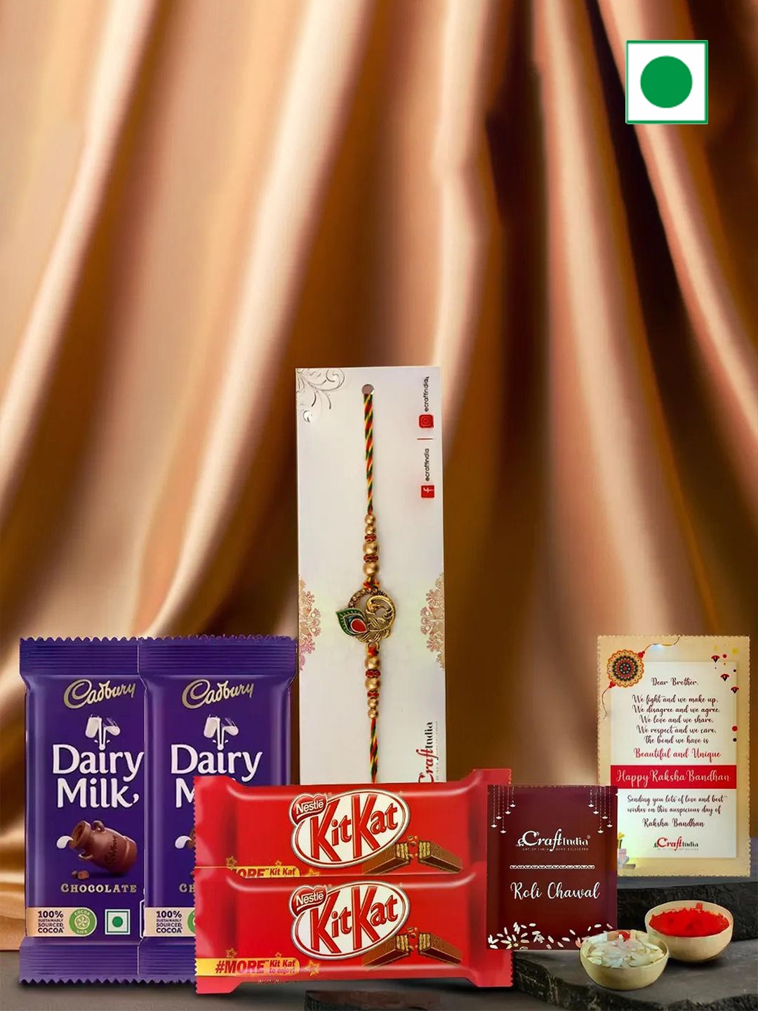 

eCraftIndia Peacock Feather Designer Rakhis With Cadbury & Kitkat Chocolates & Roli Chawal, Red