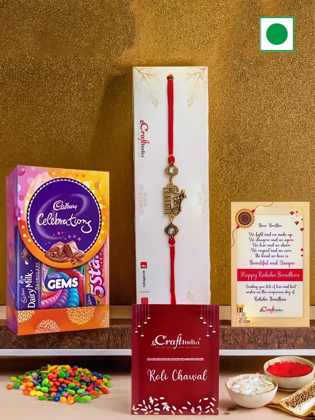 

eCraftIndia 4 Pieces Rakhi With Chocolates & Roli Chawal, Red