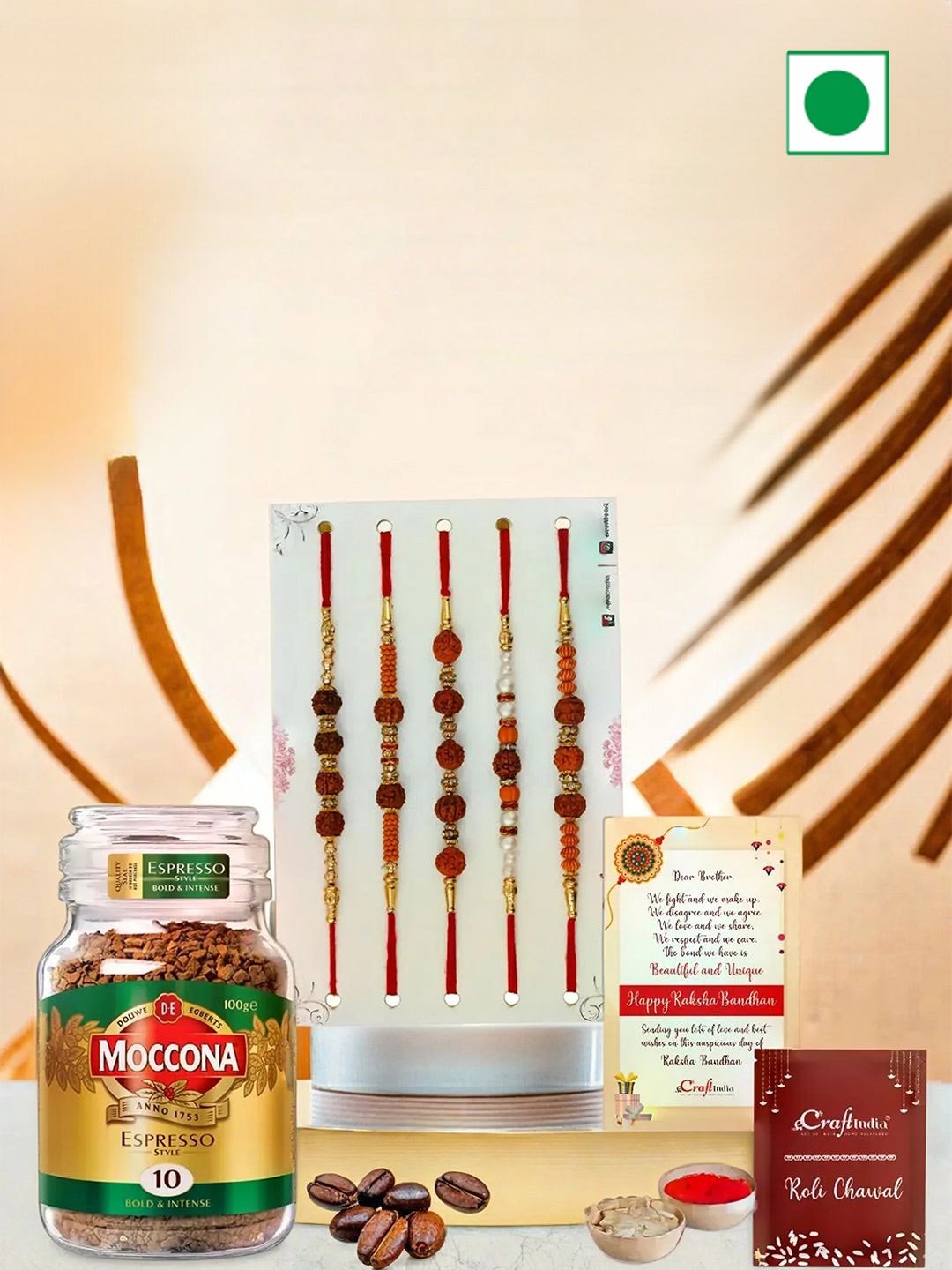 

eCraftIndia Set Of 5 Beaded Rakhi With Coffee Powder & Greeting Card With Roli Chawal, Red