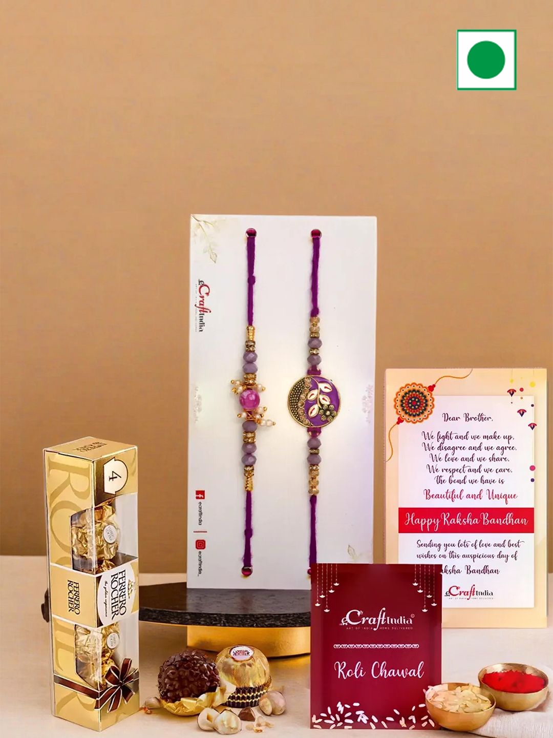 

eCraftIndia 5 Pieces Pearl-Beaded Rakhi With Chocolates & Roli Chawal, Purple