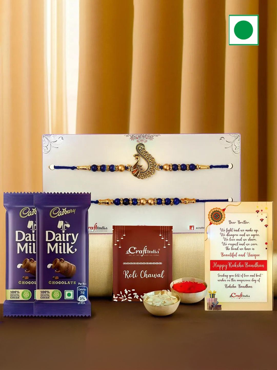 

eCraftIndia Set Of 2 Rakhi With Cadbury Chocolate & Greeting Card with Roli Chawal, Blue