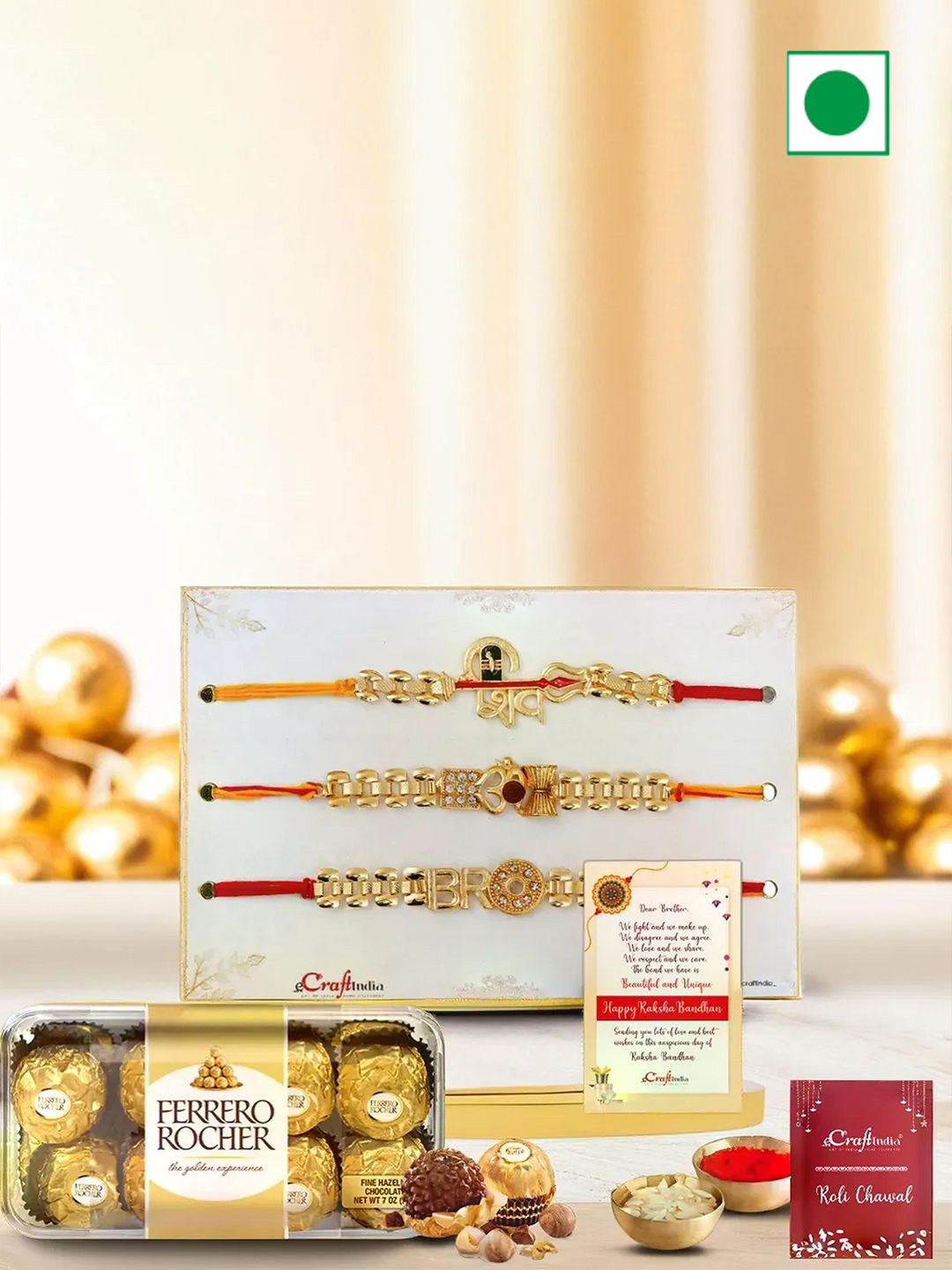 

eCraftIndia Set Of 3 Rakhi With Ferrero Rocher Chocolate & Greeting Card with Roli Chawal, Red