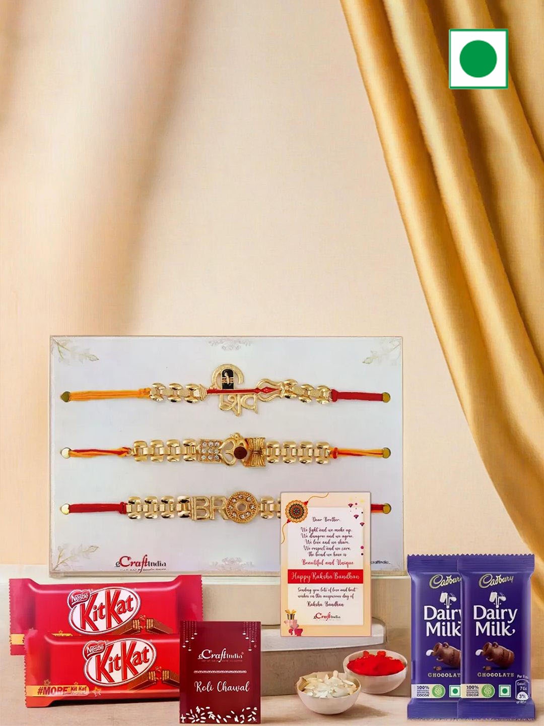 

eCraftIndia Shiva Om Bro Designer Rakhis With Cadbury Kit Kat Chocolates & Rholi Chawal, Red
