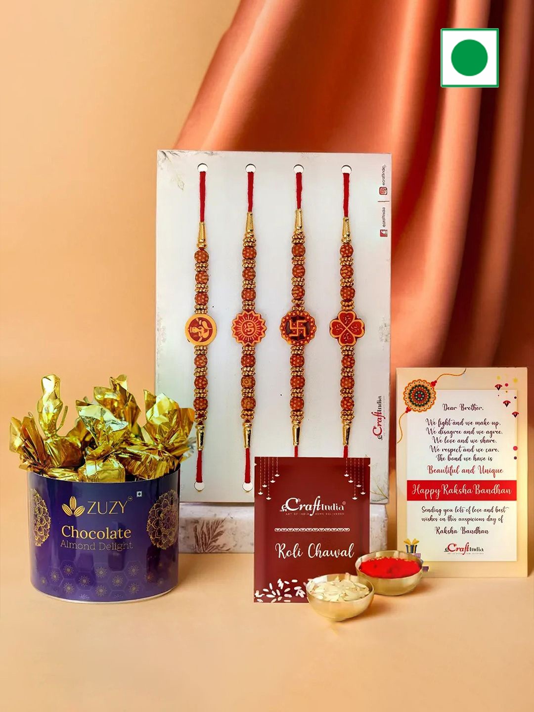 

eCraftIndia Set Of 4 Ganesha Om Swastika Rudraksha Rakhis With Chocolates Rholi Chawal, Red