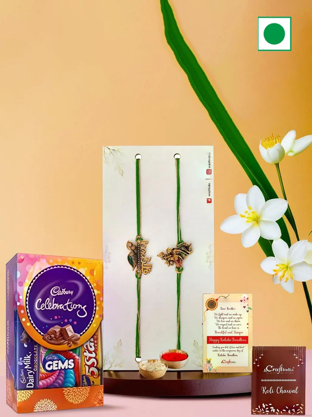 

eCraftIndia Set of 2 Rakhis with Chocolates & Greeting Card With Roli Chawal, Green