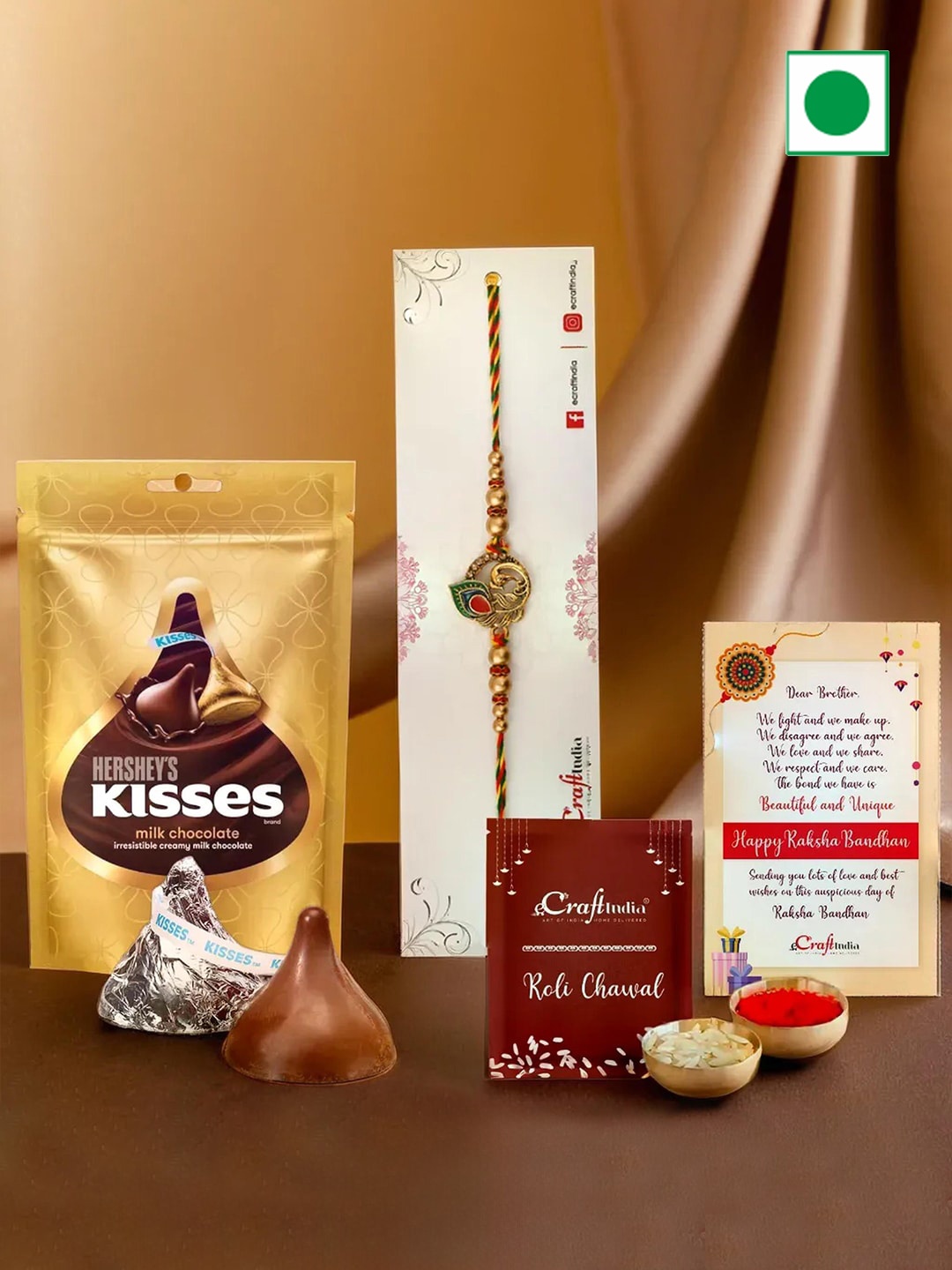 

eCraftIndia Peacock Feather Designer Rakhi with Chocolates & Roli Chawal, Red