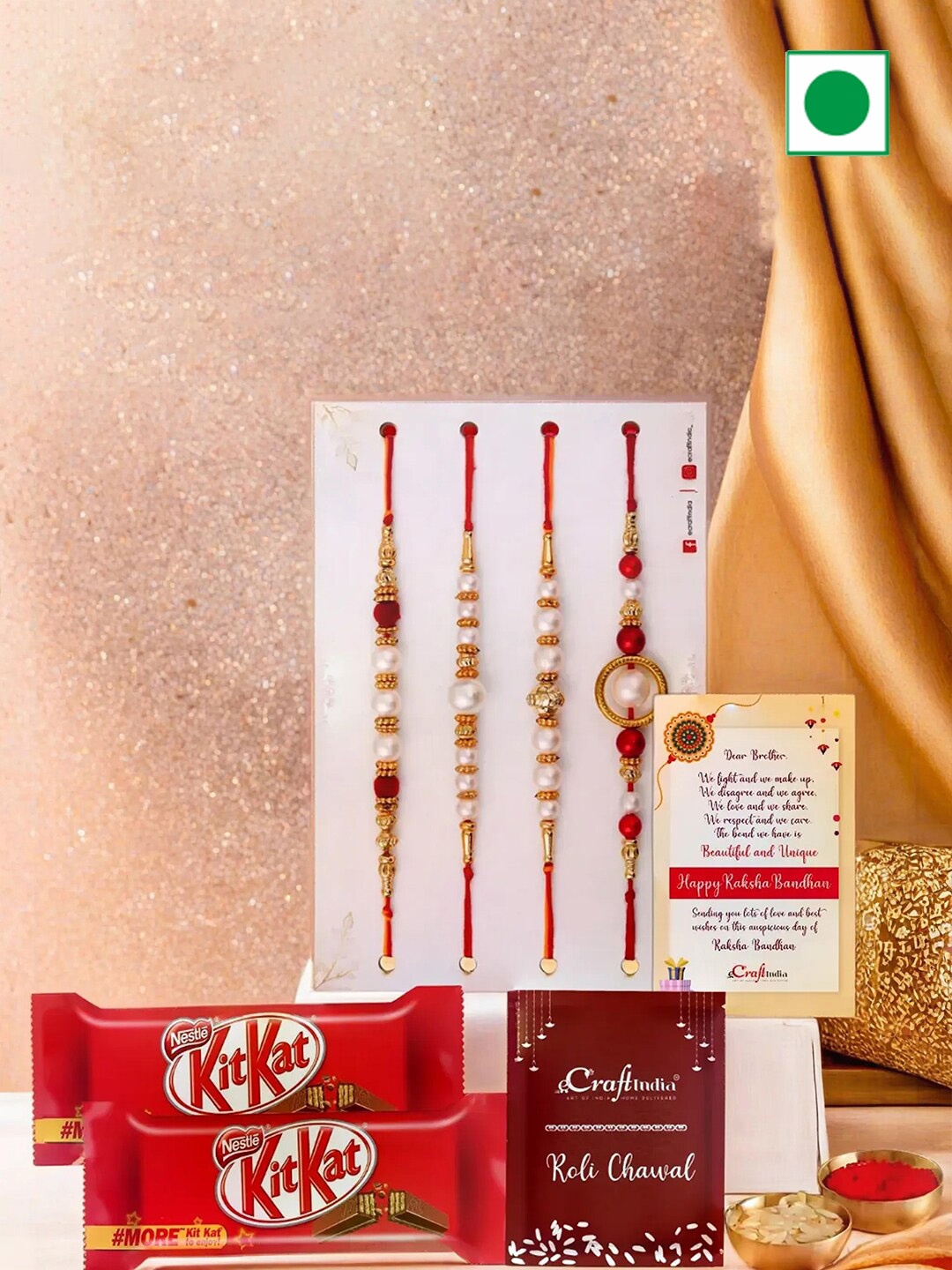 

eCraftIndia Set of 4 Rakhis with Kit Kat & Greeting Card With Roli Chawal, Red