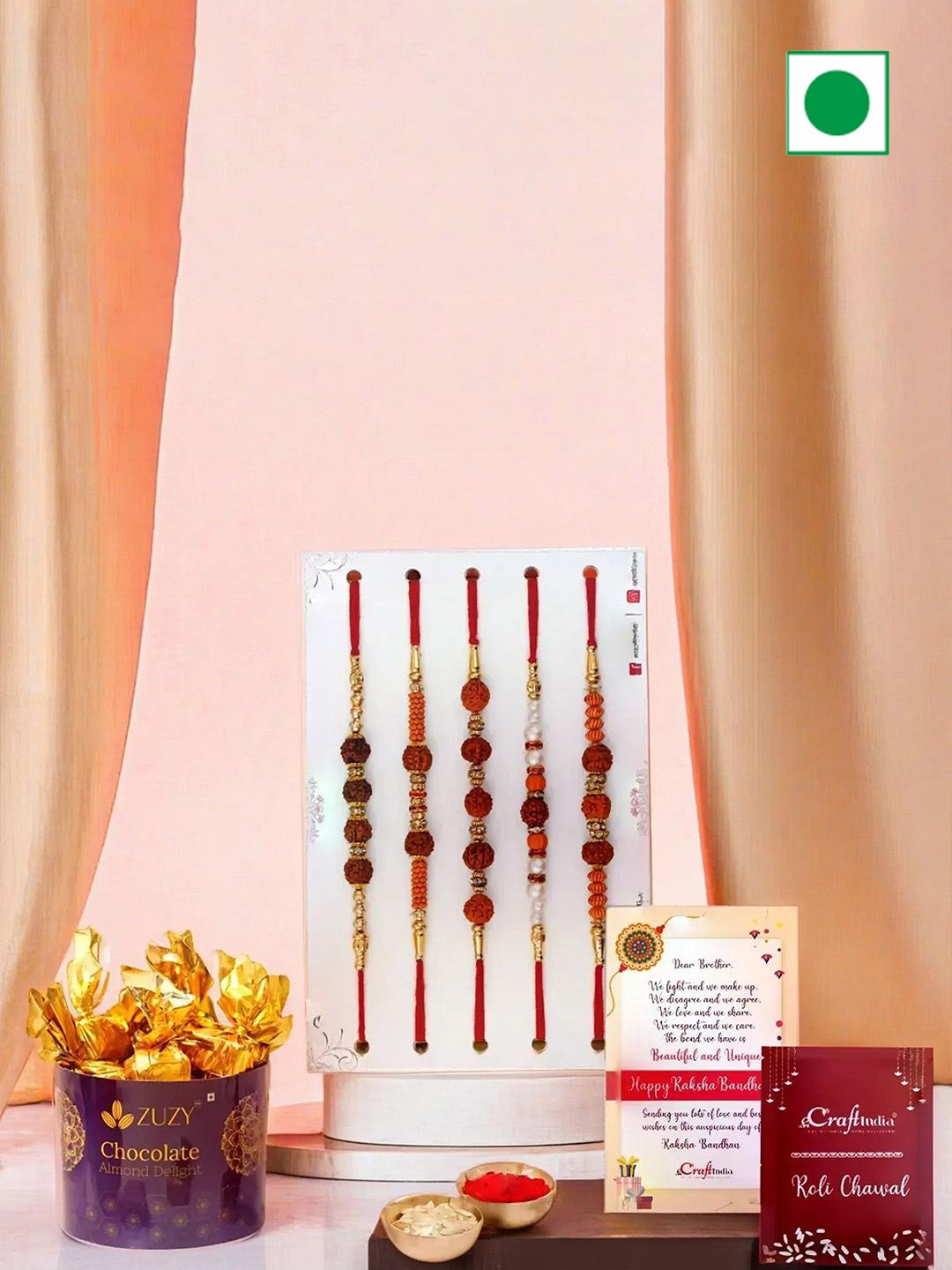 

eCraftIndia Pearl Beaded & Rudraksha Rakhis With Chocolate Box With Roli Chawal, Red