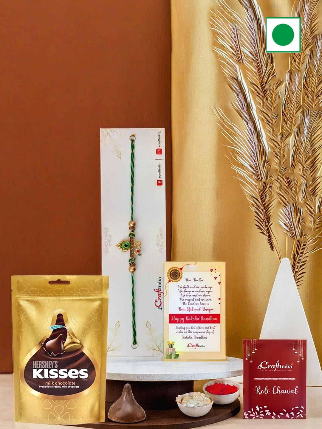 

eCraftIndia Beaded Rakhi with Chocolates & Greeting Card with Roli Chawal, Green
