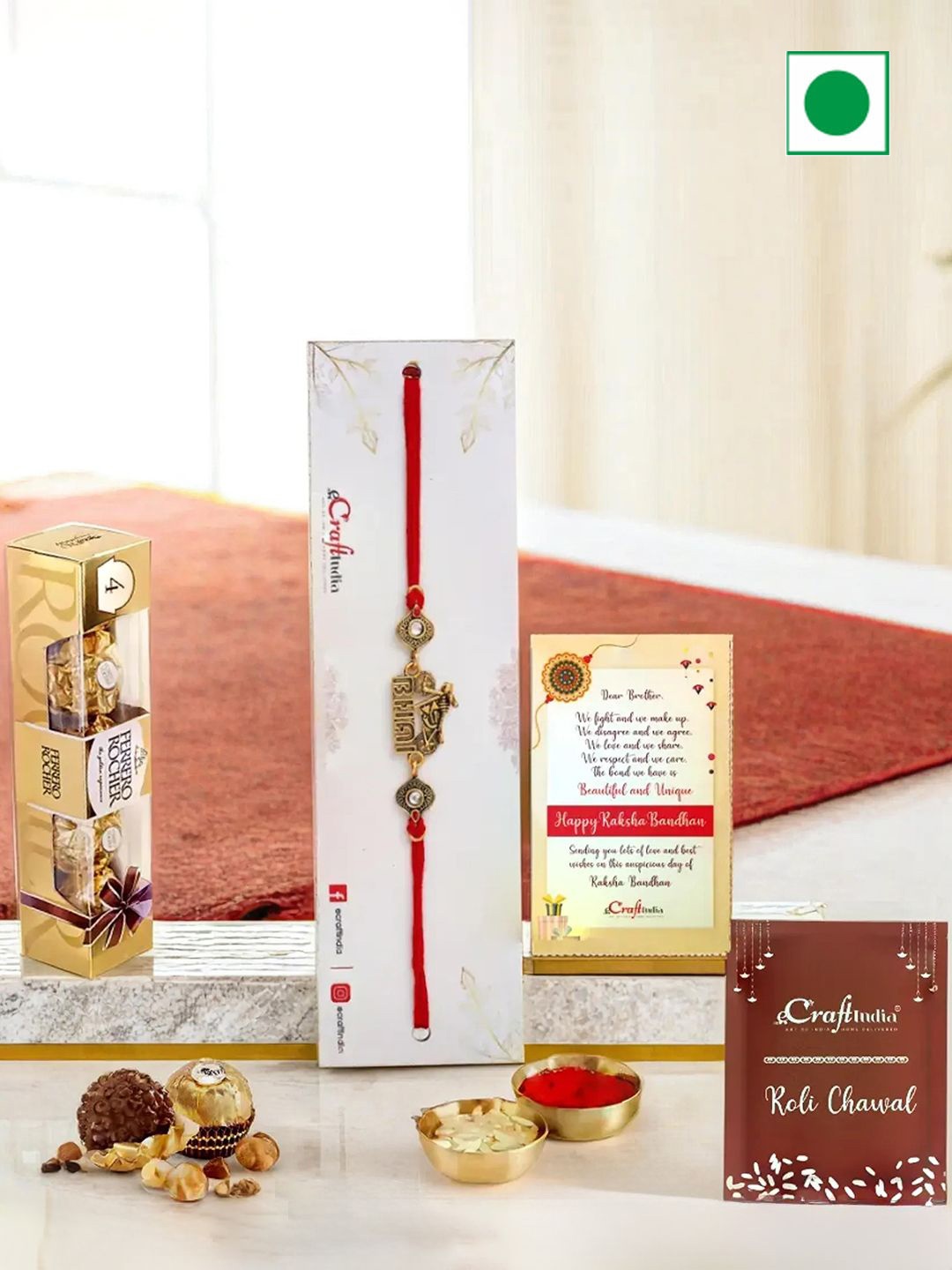 

eCraftIndia Rakhi With Ferrero Rocher Pack & Greeting Card With Roli Chawal, Red