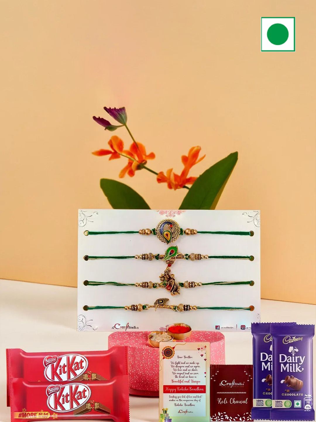 

eCraftIndia Set Of 4 Radha Krishna Rakhi With Chocolates & Greeting Card With Roli Chawal, Green