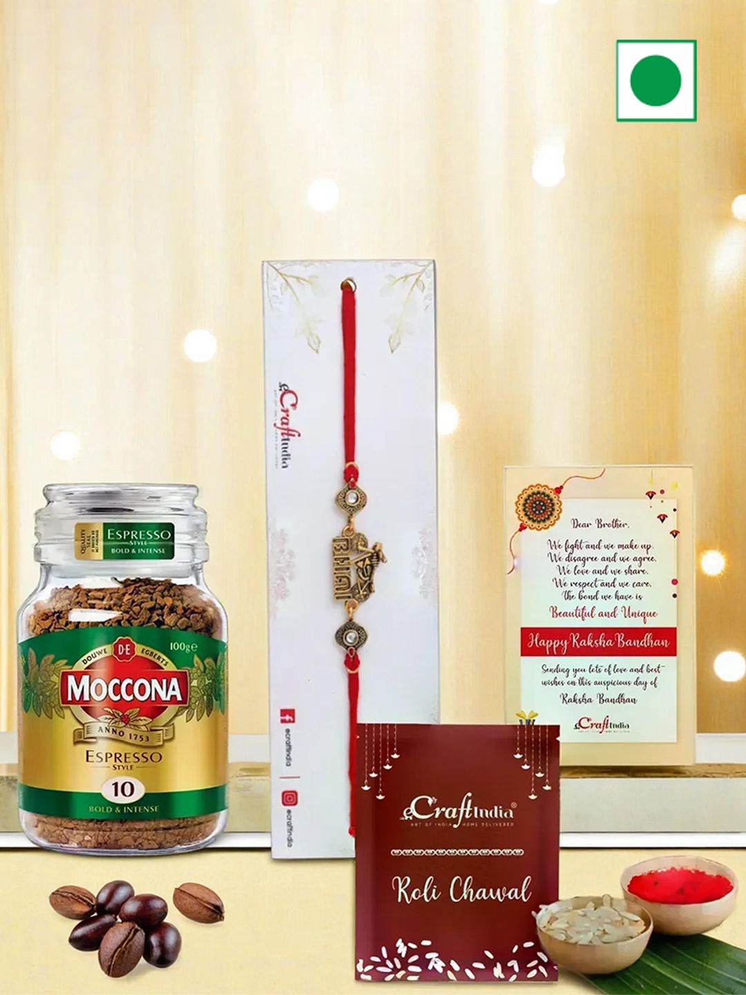 

eCraftIndia Bike Bhai Designer Rakhi & Moccona Coffee Powder With Rholi Chawal, Red