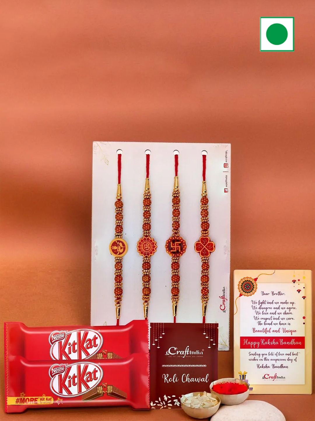 

eCraftIndia Set of 4 Rakhis With Chocolates & Greeting Card With Roli Chawal, Red