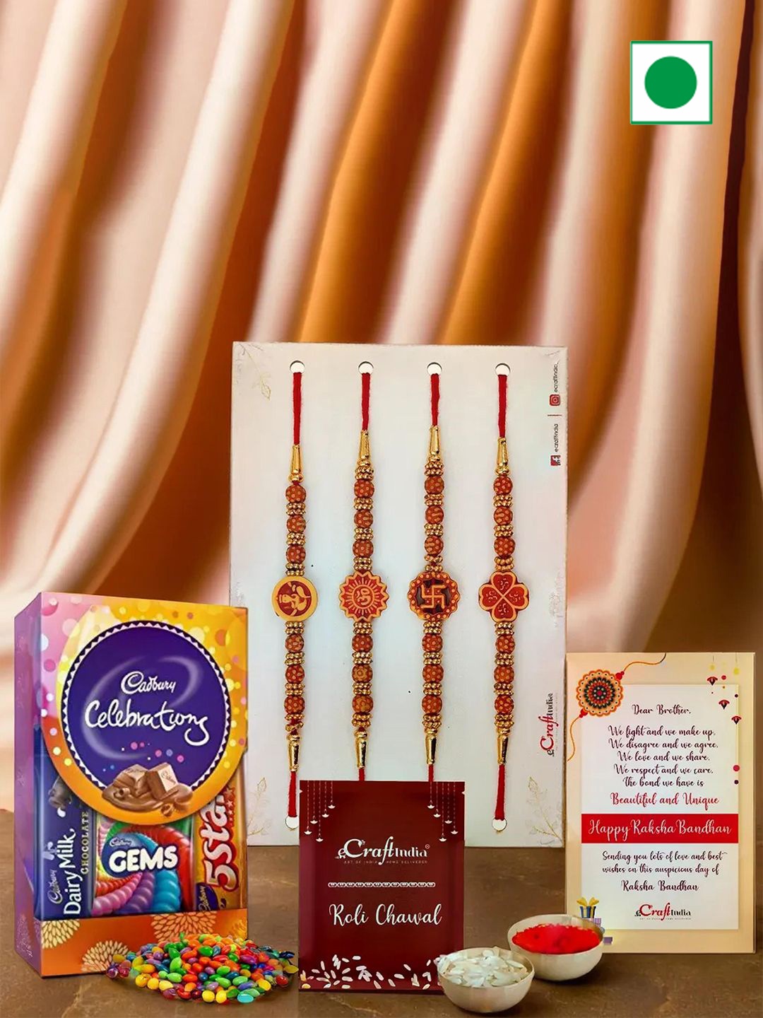 

eCraftIndia Set Of 4 Ganesha Om Rakhis With Celebration & Greeting Card With Roli Chawal, Tan