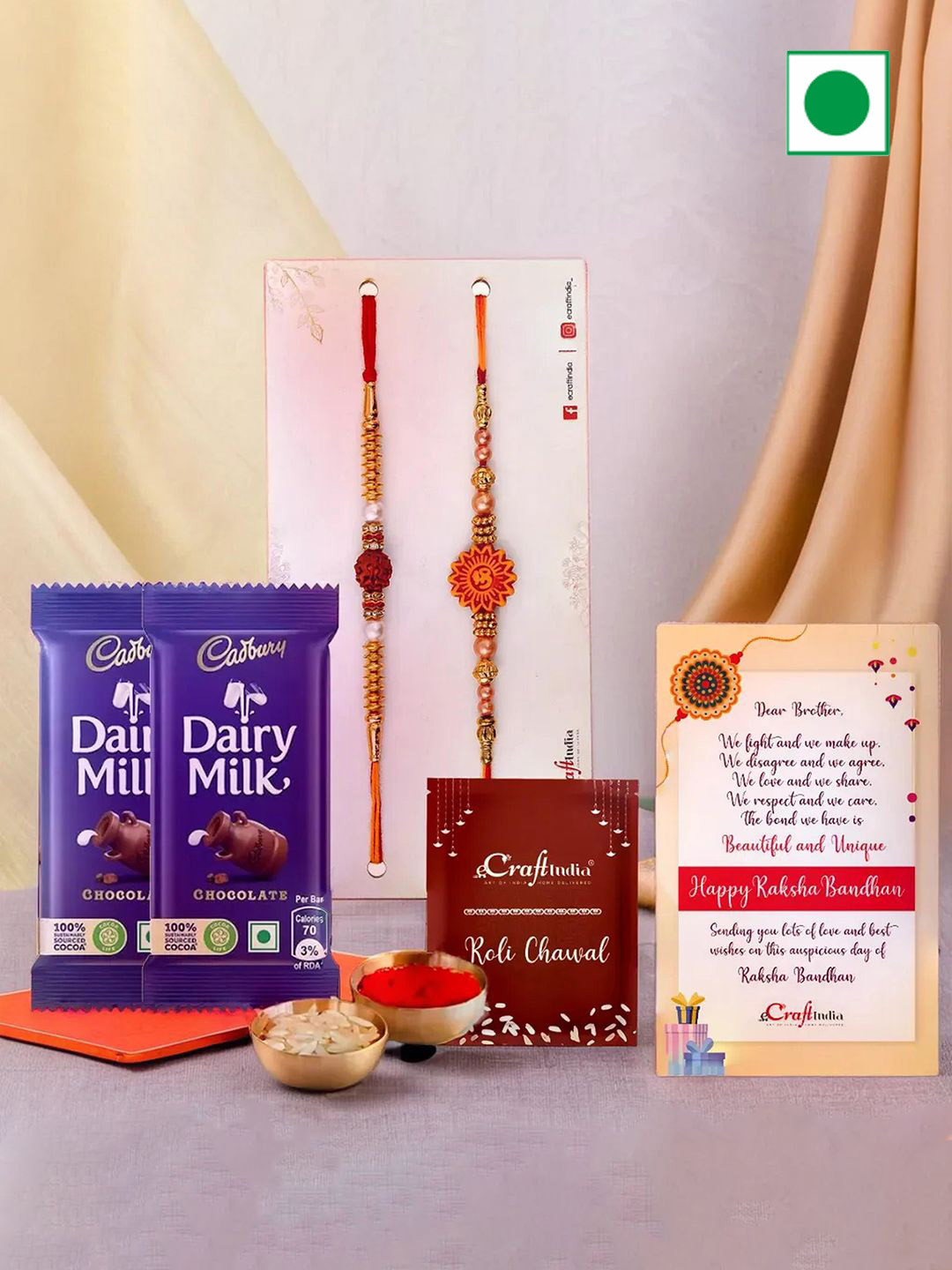 

eCraftIndia Set of 2 Rakhis with Chocolates & Greeting Card With Roli Chawal, Red
