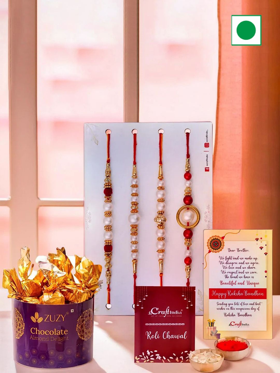 

eCraftIndia Set Of 4 Peacock Rakhis With Chocolate Box & Greeting Card With Roli Chawal, Red