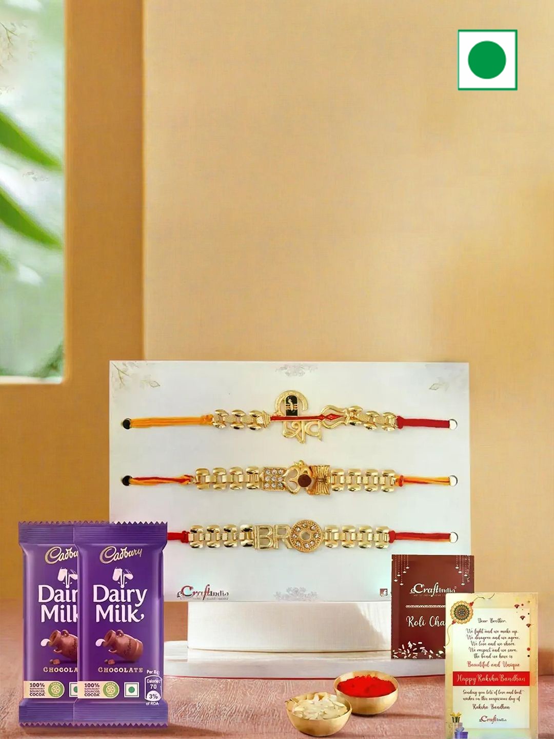 

eCraftIndia Set Of 3 Rakhis With Cadbury Chocolate & Rholi Chawal, Green