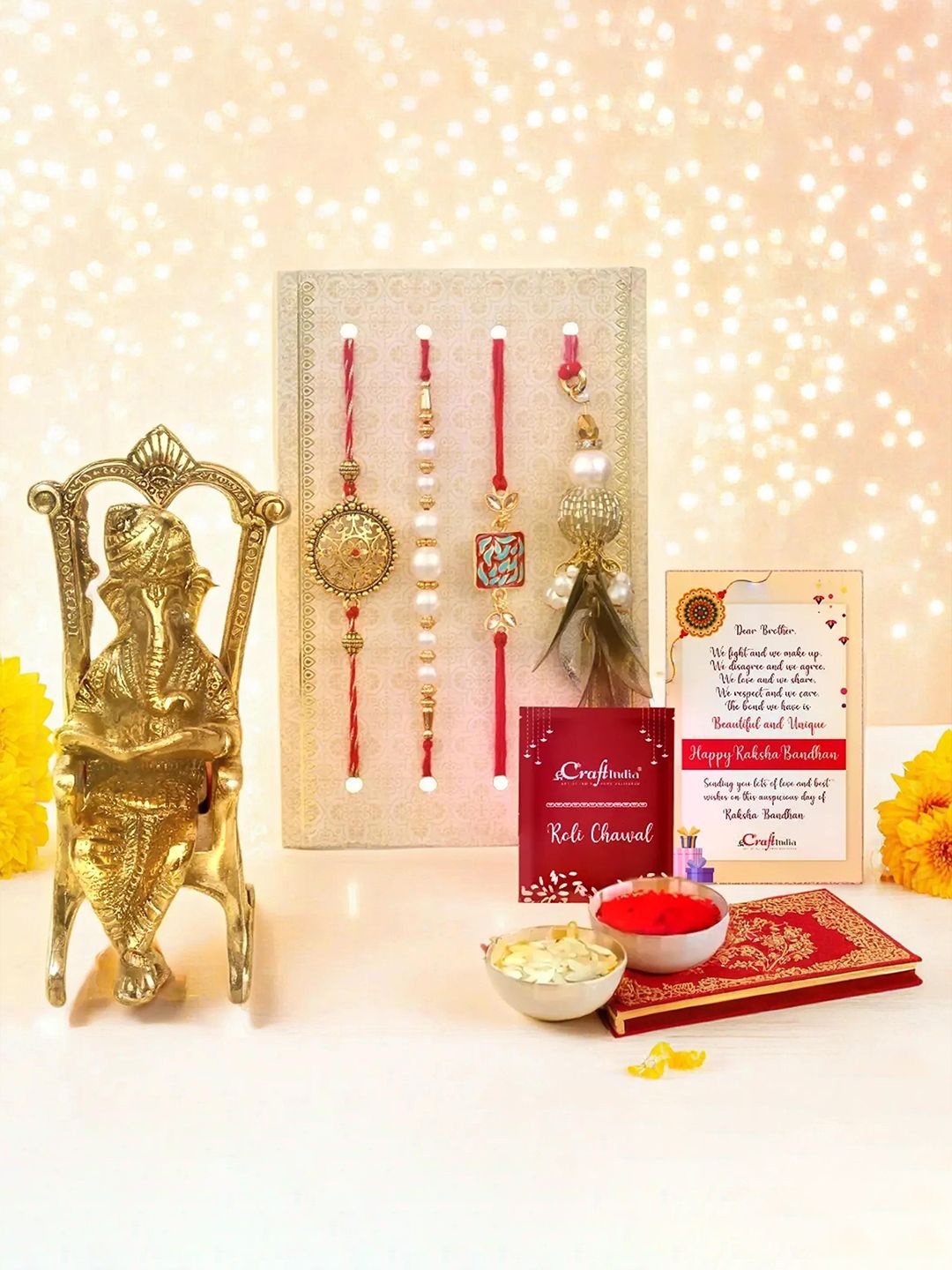 

eCraftIndia Set Of 5 Beaded Rakhi with Ganesha Idol & Card With Roli Chawal, Gold