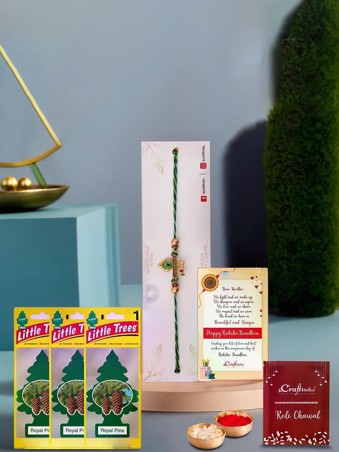 

eCraftIndia Set Of 2 Om Peacock Designer Rakhi With Air Freshner Gift Set, Green