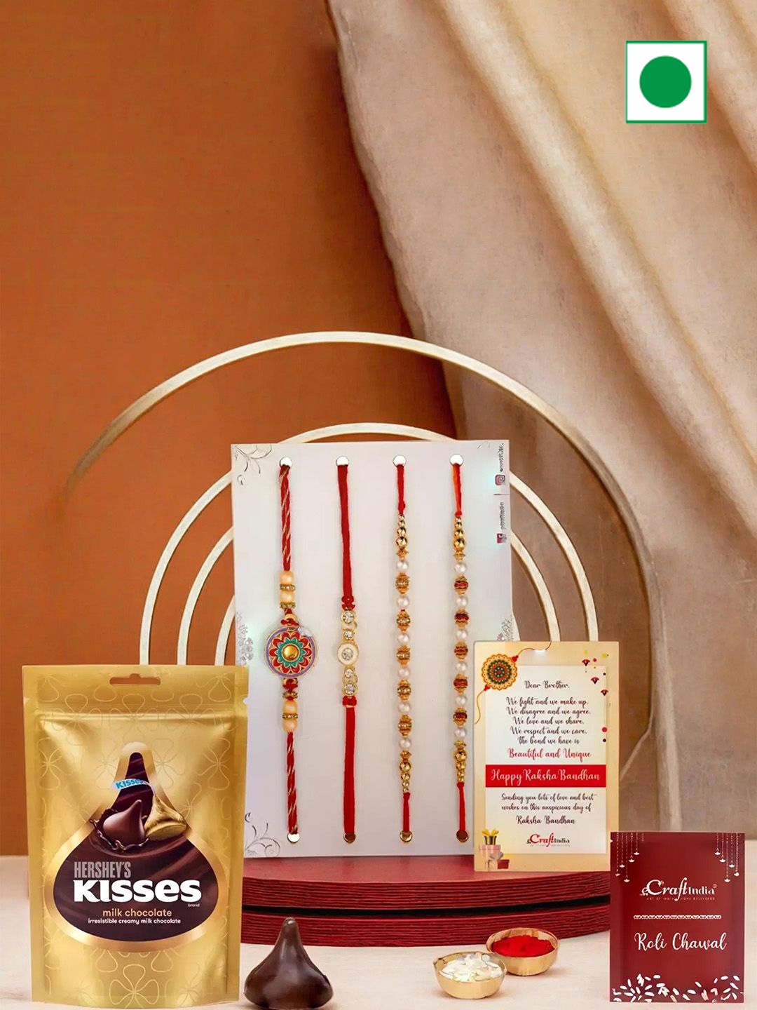 

eCraftIndia Set Of 4 Rakhis with Chocolates & Greeting Card With Roli Chawal, Red