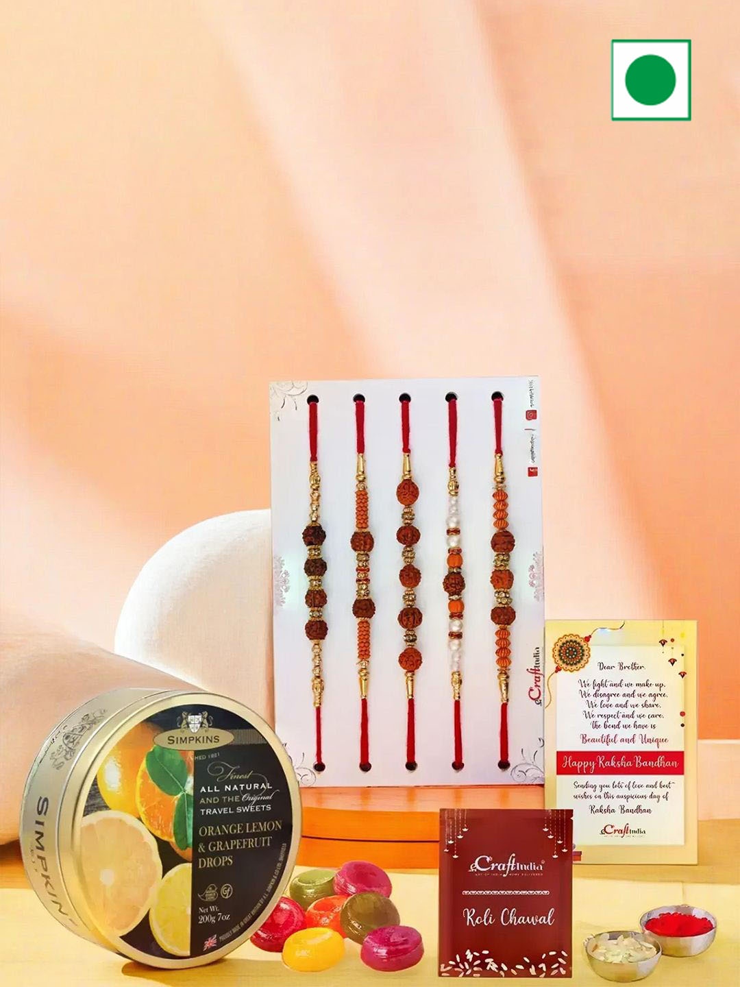 

eCraftIndia Set of 5 Rakhis with Fruit Candy & Greeting Card With Roli Chawal, Red