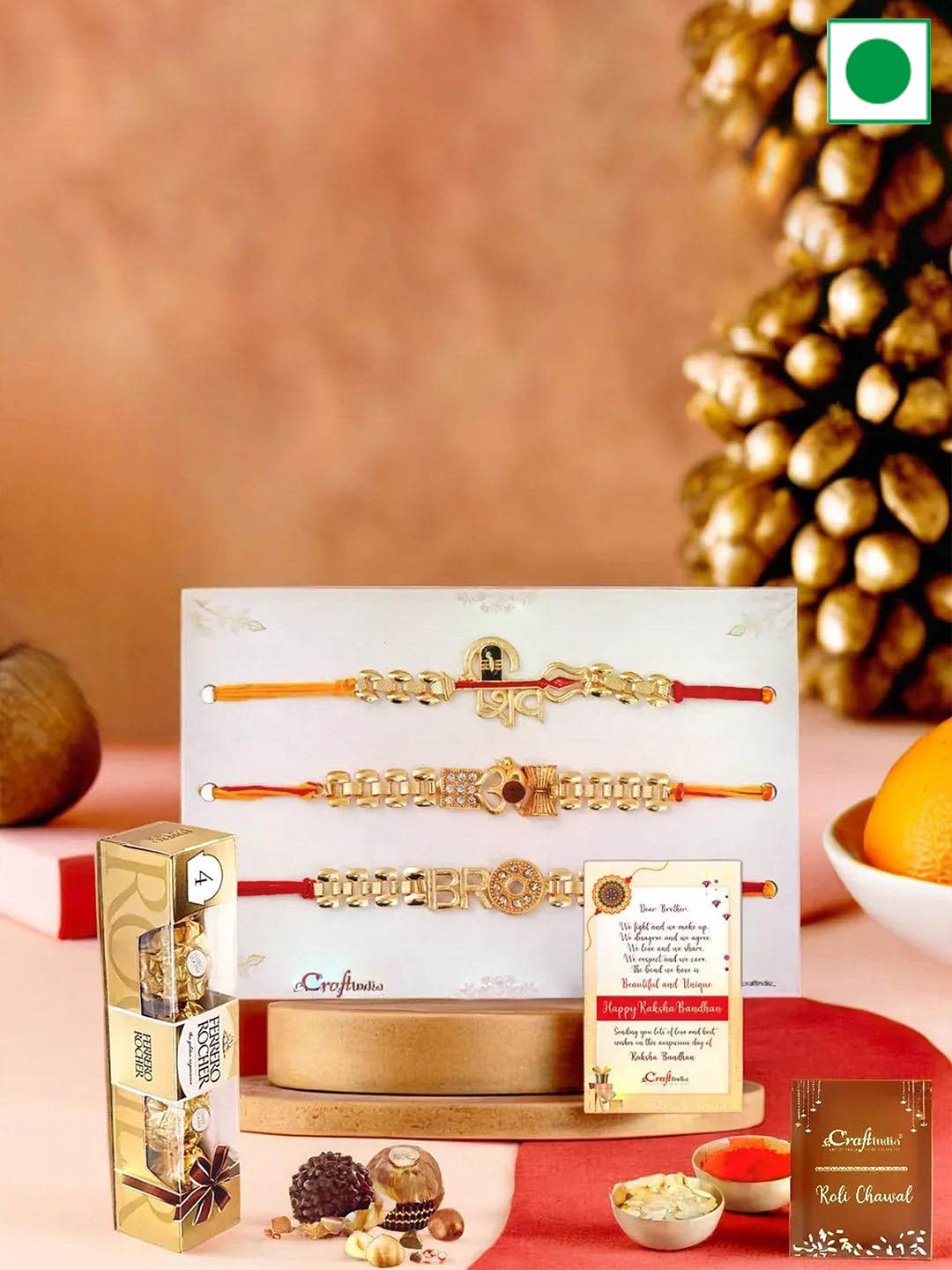 

eCraftIndia Set of 3 Rakhis with Ferrero Chocolates & Greeting Card With Roli Chawal, Yellow