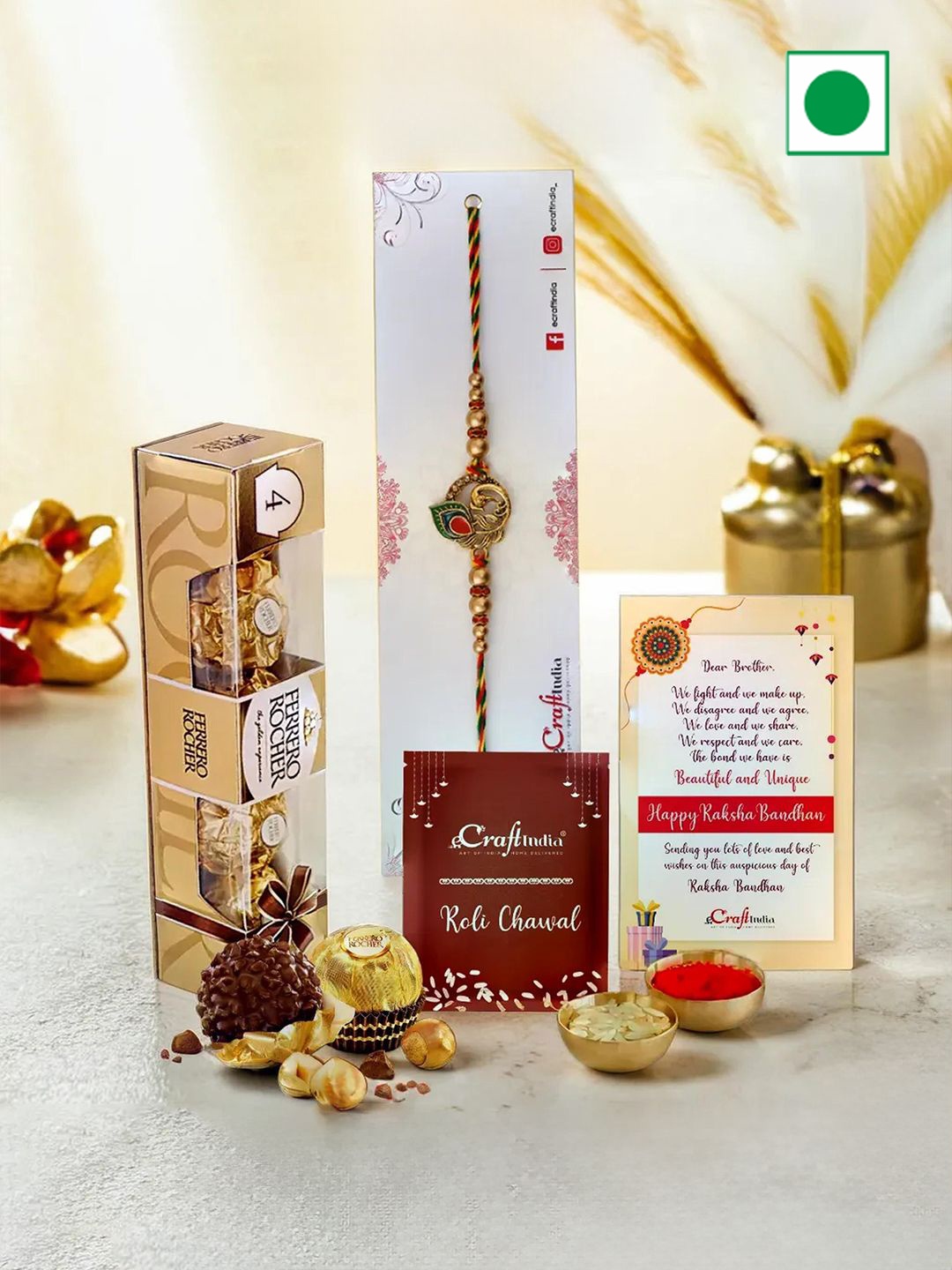 

eCraftIndia Rakhi With Ferrero Chocolates & Greeting Card With Roli Chawal, Gold