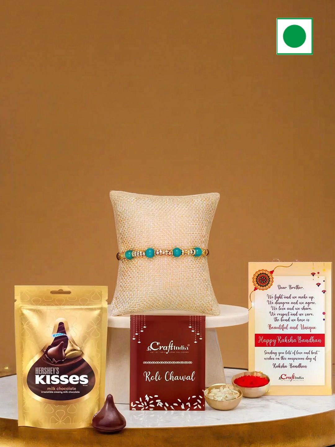 

eCraftIndia Rakhis With Kisses Chocolates & Greeting Card With Roli Chawal, Blue