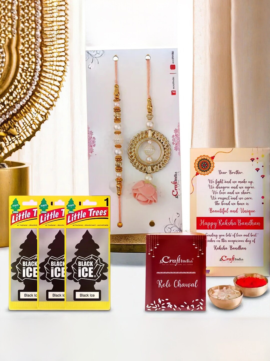 

eCraftIndia Floral Designer Bhaiya Bhabhi Rakhi With Air Freshener Black Ice, Gold