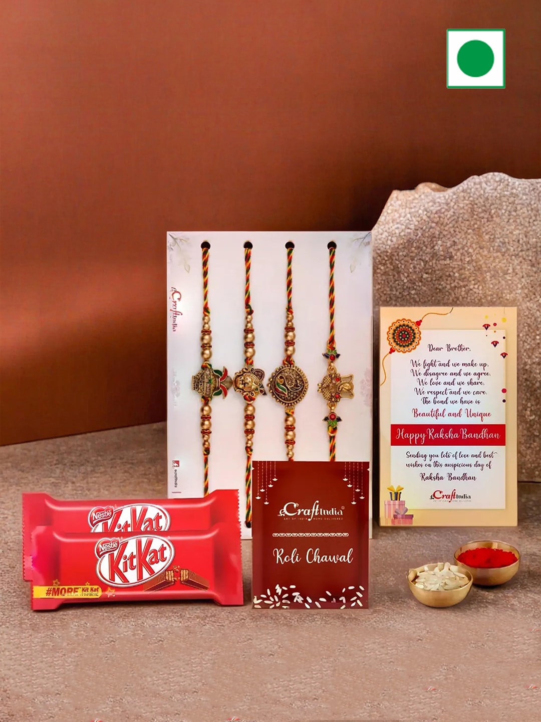 

eCraftIndia Set Of 4 Rakhis With 2 Chocolate & Greeting Card With Roli Chawal, Red