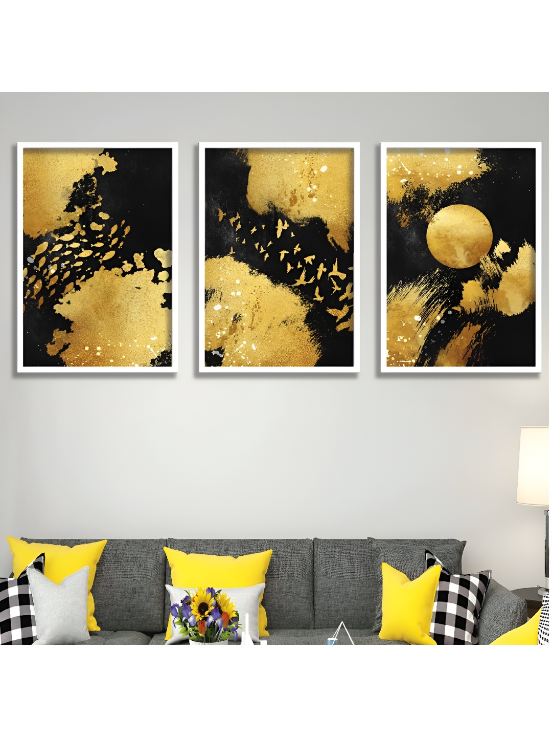 

Aura Black & Gold-Toned 3 Piece Wood Abstract Wall Paintings