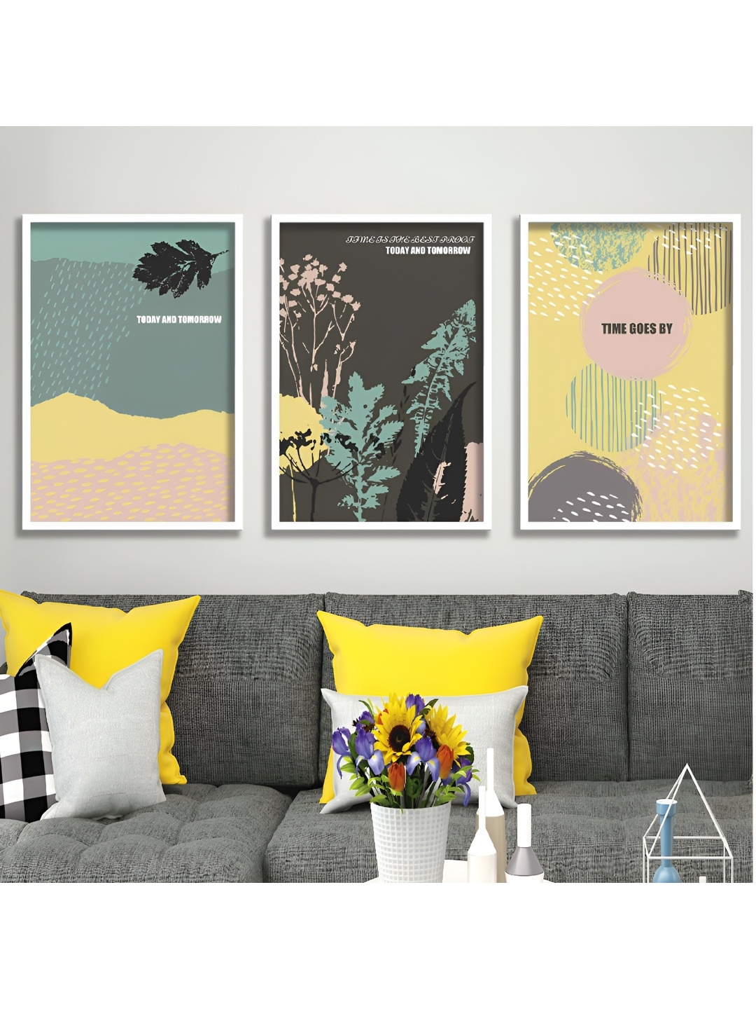 

Aura Grey & Yellow 3 Pieces Wood Abstract Wall Paintings