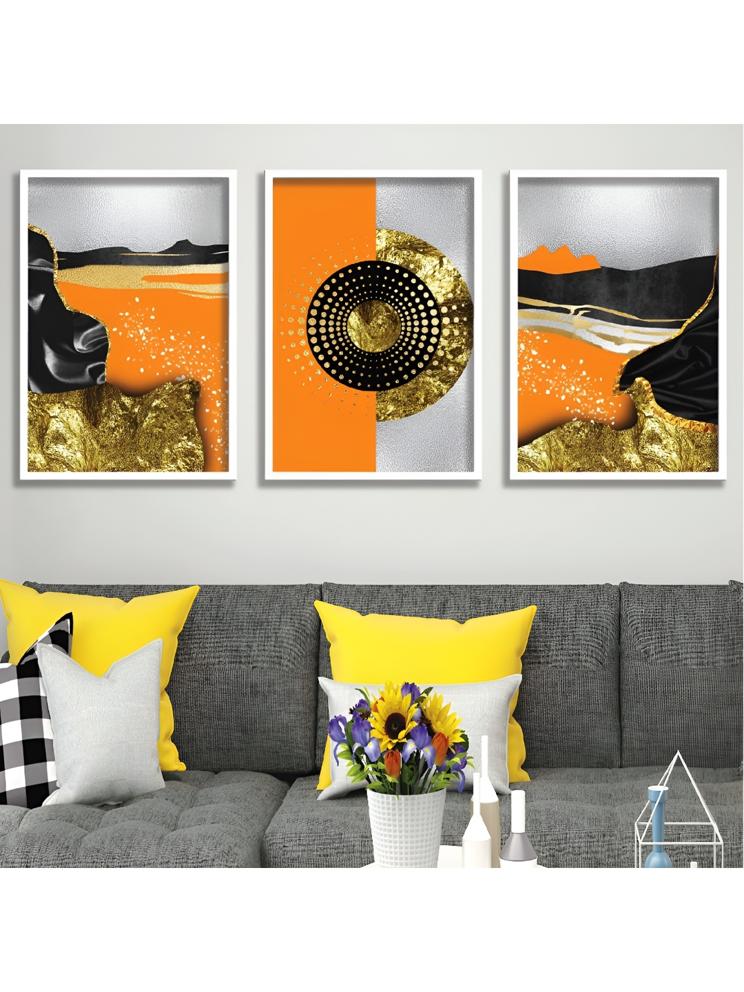 

Aura Orange & Grey 3 Pieces Wood Abstract Wall Paintings
