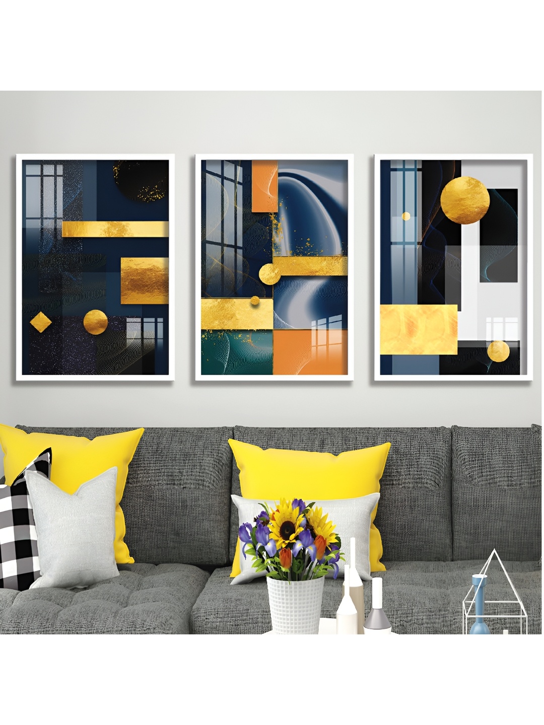 

Aura Grey & Yellow 3 Pieces Wood Abstract Wall Paintings