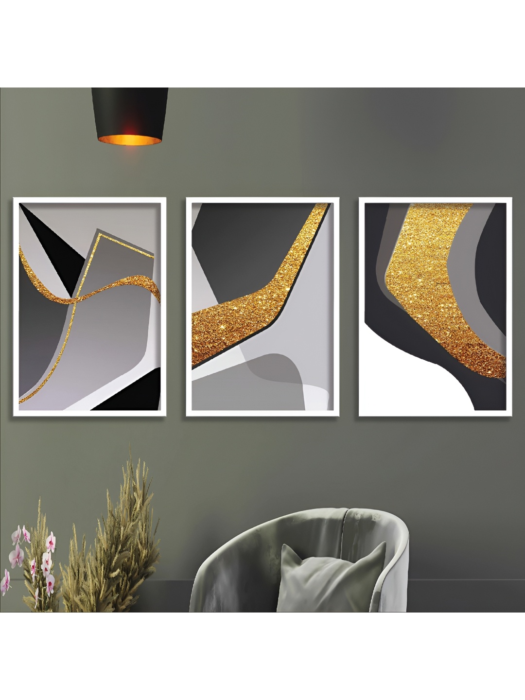 

Aura Grey & Gold-Toned 3 Piece Wood Abstract Wall Paintings