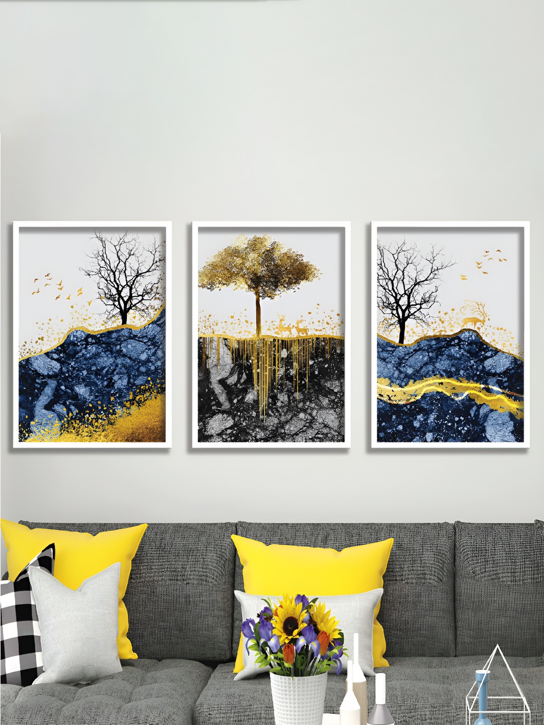 

Aura Grey & Yellow 3 Pieces Wood Abstract Wall Paintings