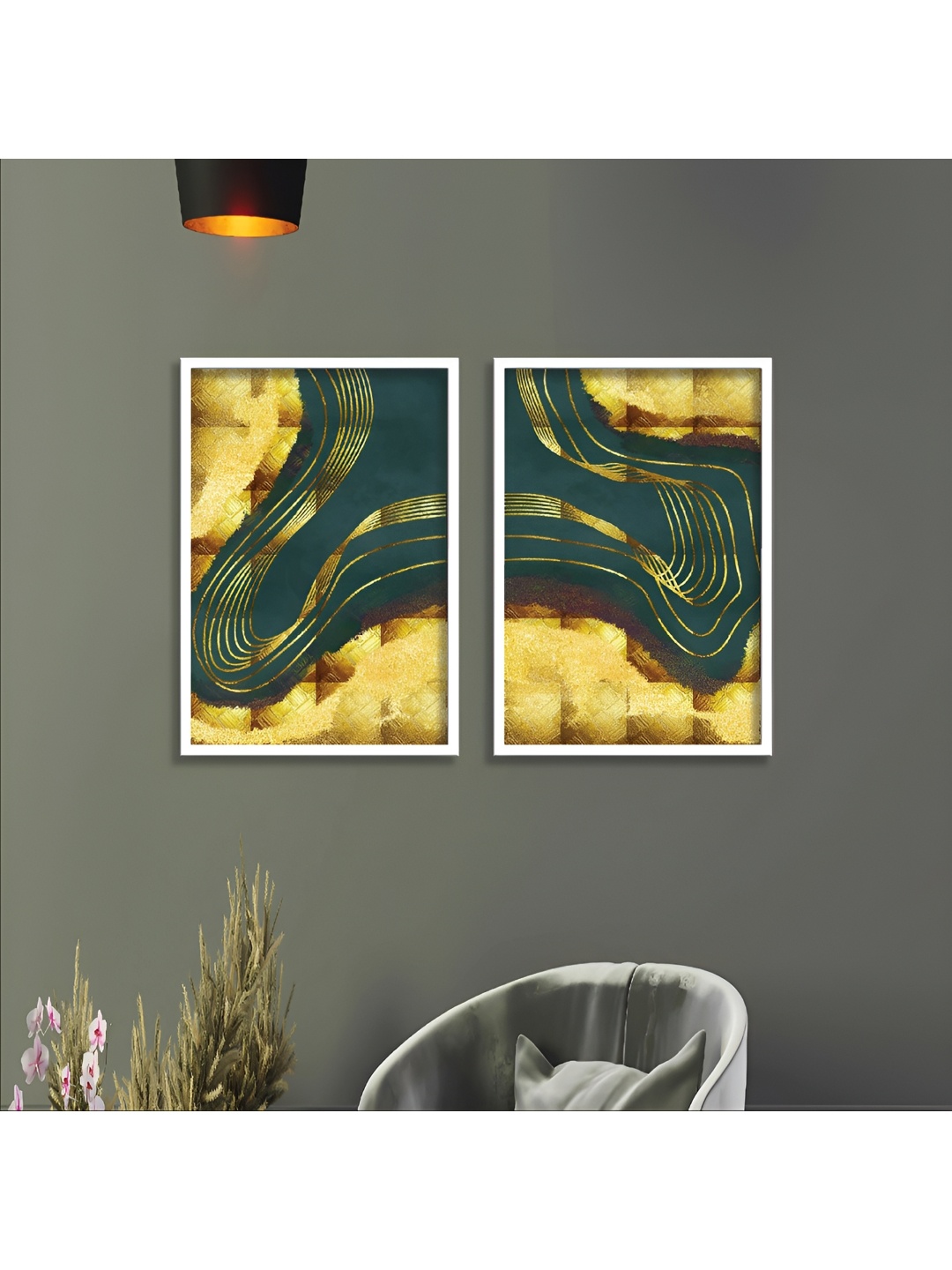 

Aura Gold-Toned & Green 2 Piece Wood Abstract Wall Paintings
