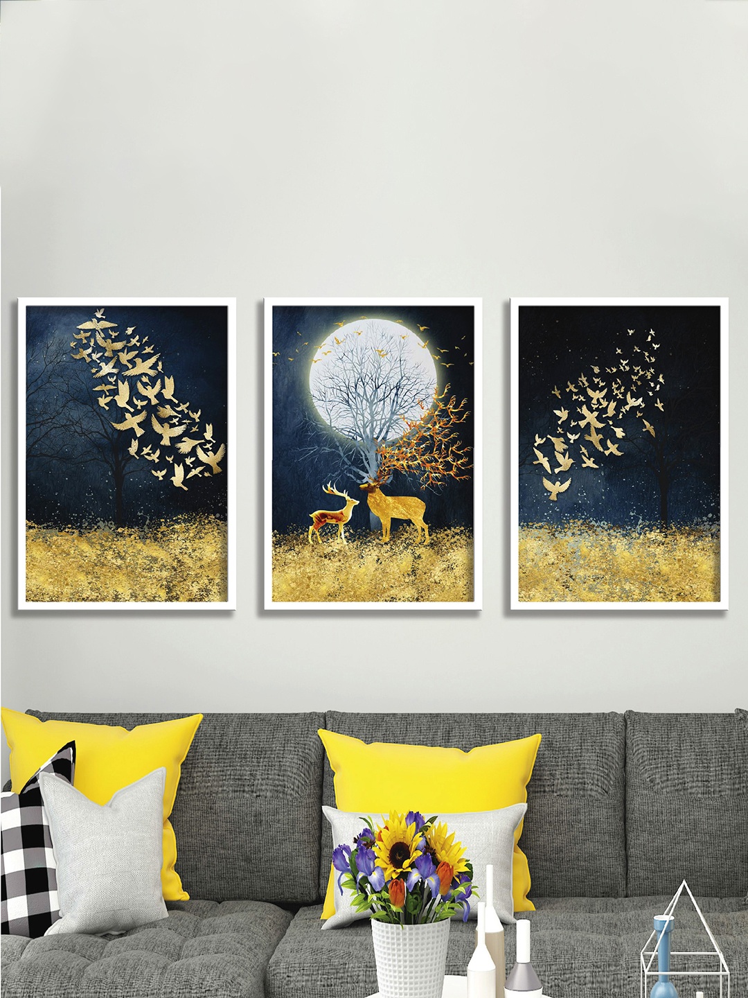 

Aura Gold-Toned & White 3 Pieces Wood Abstract Wall Paintings