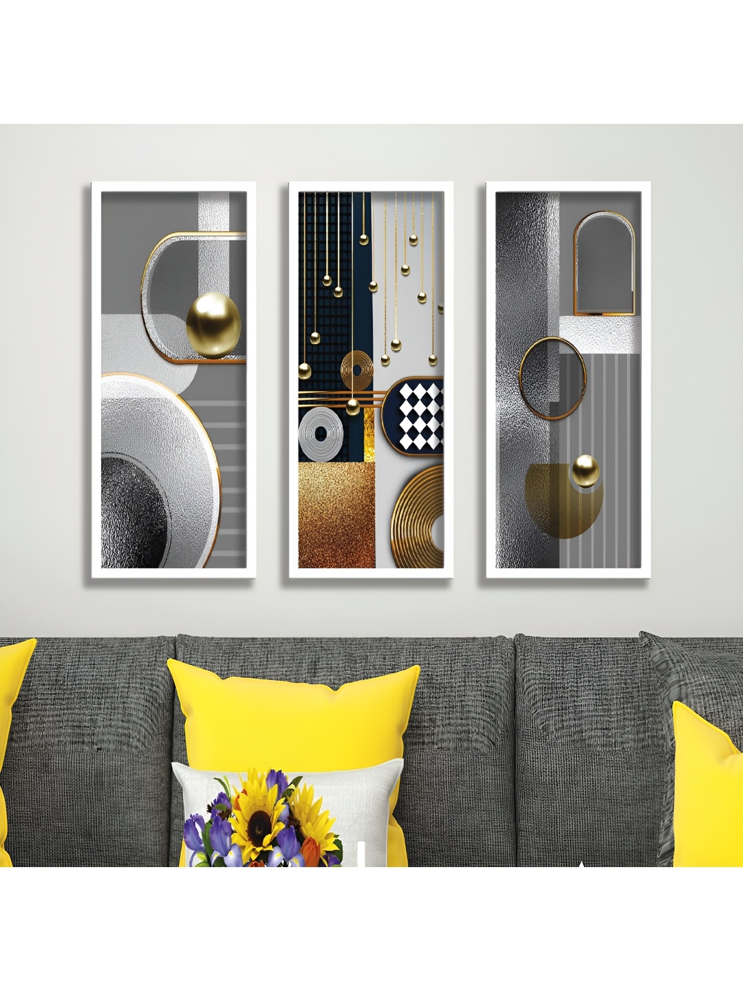 

Aura Grey & Gold-Toned 3 Pieces Wood Abstract Wall Paintings