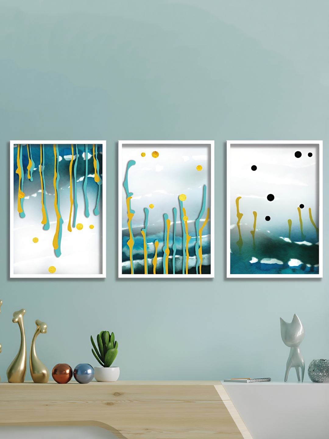 

Aura White & Yellow 3 Pieces Wood Abstract Wall Paintings