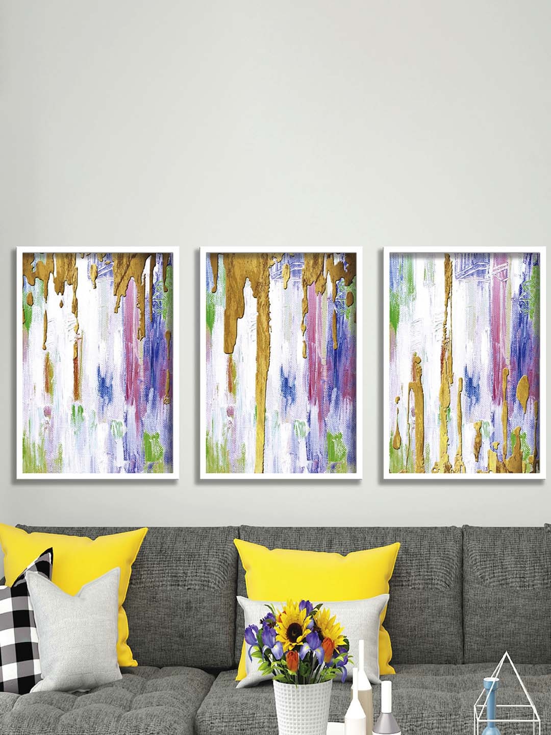 

Aura White & Yellow 3 Pieces Wood Abstract Wall Paintings