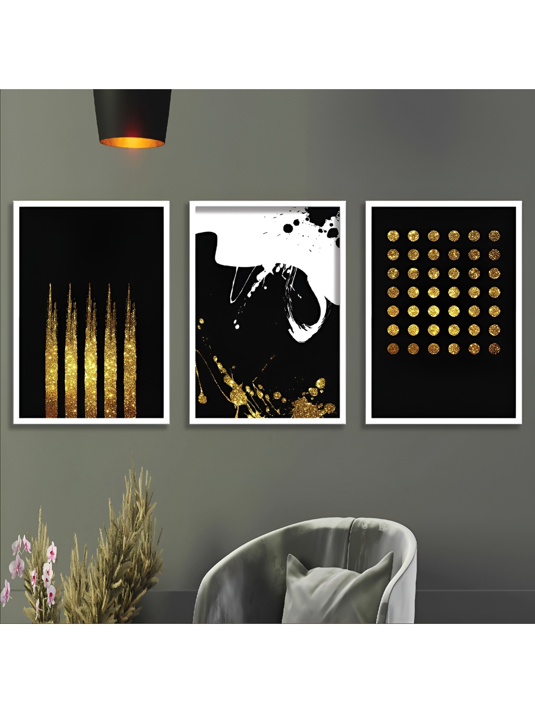 

Aura Gold-Toned & Black 3 Pieces Wood Abstract Wall Paintings