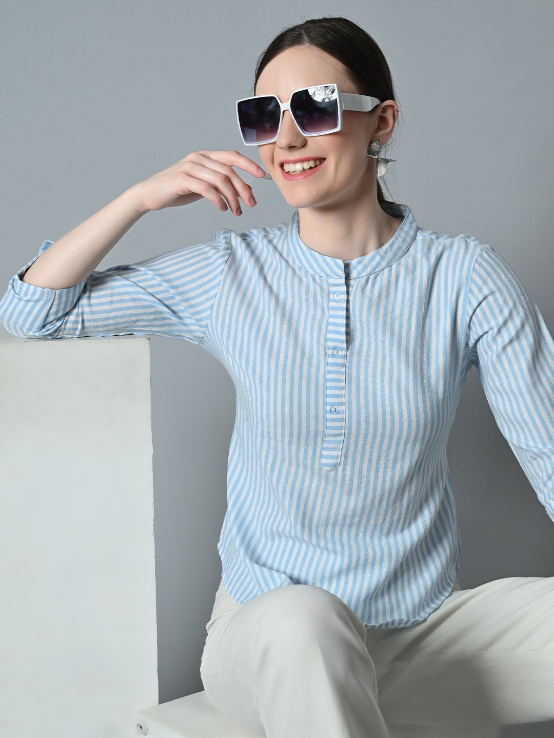 

The Roadster Lifestyle Co. Striped Mandarin Collar Shirt Style Top, Turquoise blue