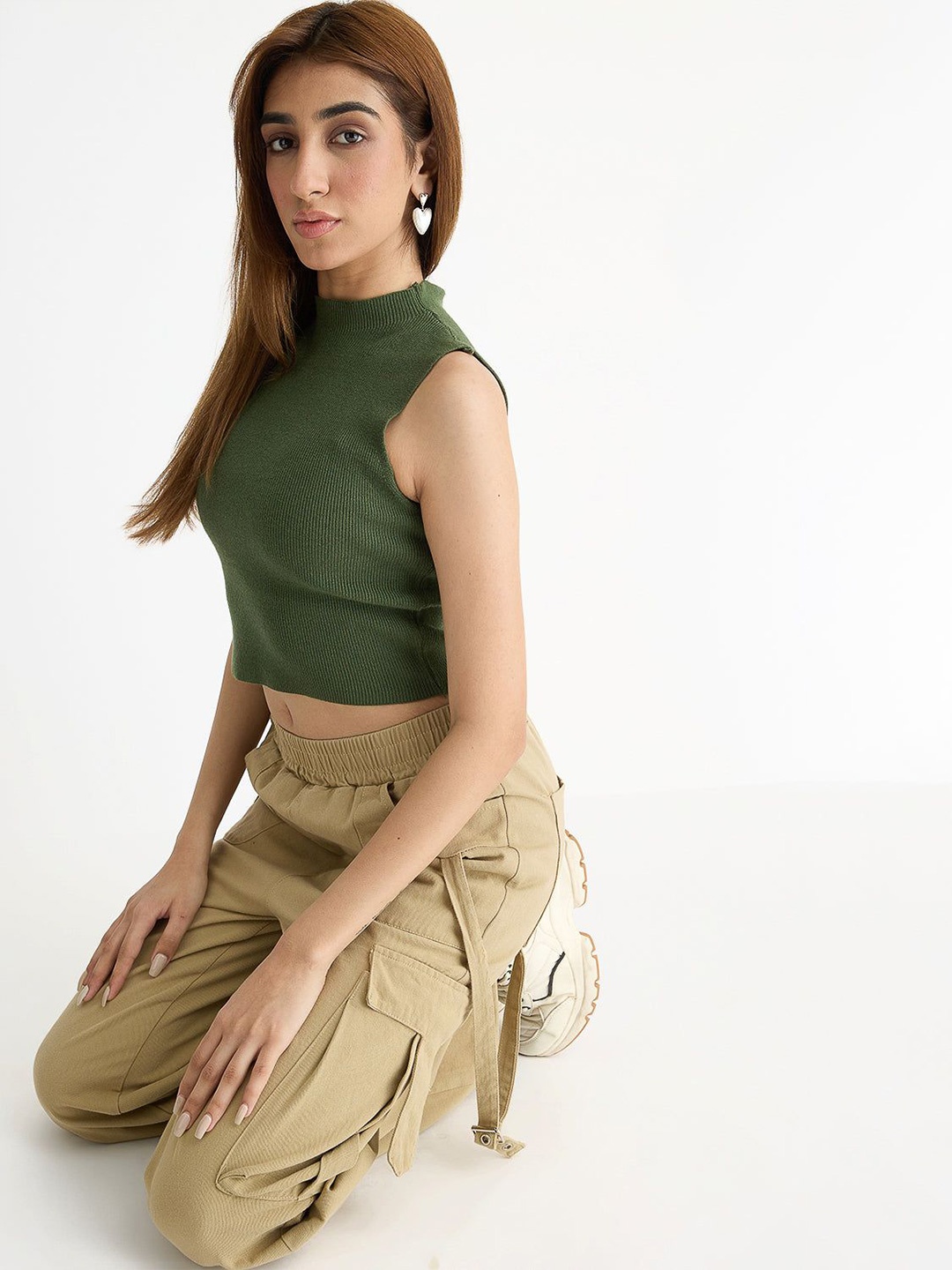 

FREAKINS Cotton High Neck Sleeveless Crop Top, Olive